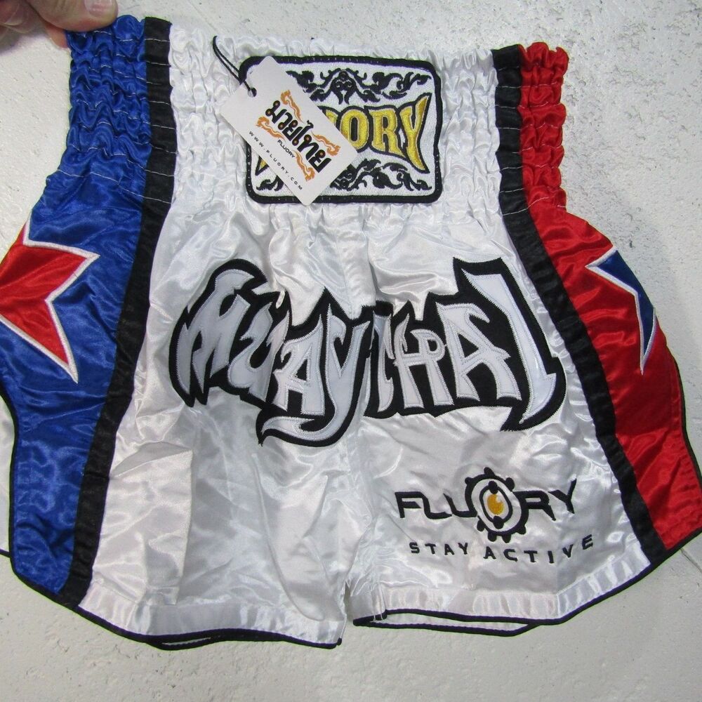 FLUORY Muay Thai Boxing Shorts White Red Blue Star Kickboxing MMA Training XS